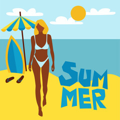 Woman at the bikini on the beach, vector background