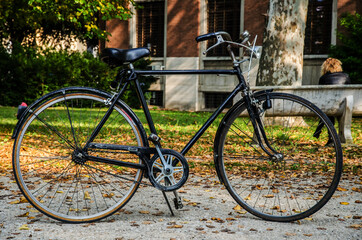 Fototapeta na wymiar Beautiful black retro bike in a beautiful European park.