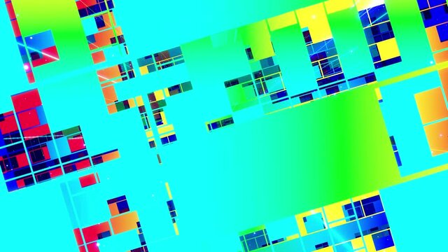 Motion design, camera flies and rotates in digital sci-fi space with neon light and hologram objects. Hi tech concept, abstract futuristic looped background. Motion graphic array of squares. Vj loop.