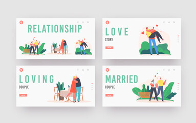 Fototapeta na wymiar Couples Love Relationship Landing Page Template Set. Togetherness. Man and Woman Walk Holding Hands, Boyfriend and Girl