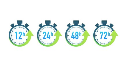 12, 24, 48, 72 hours clock arrow. Work time effect or delivery service time. Motion graphics.