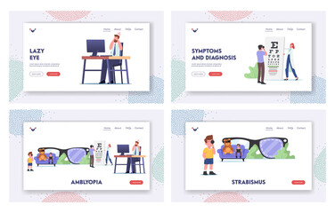 Lazy Eye, Amblyopia Disease Landing Page Template Set. Tiny Characters Visit Oculist Doctor for Sight Treatment