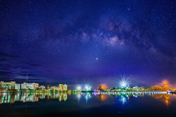 Milky Way in the sky above the waterfront city, Long exposure photograph, with grain.Image contain certain grain or noise and soft focus.