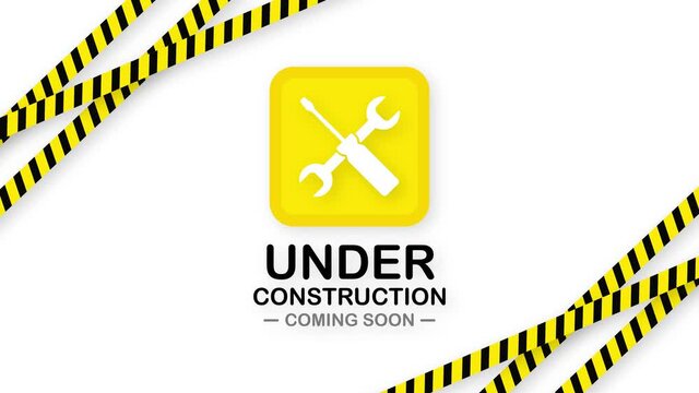 Under construction website page with black and yellow striped borders. Border stripe web. Motion graphics.