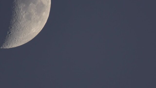 Half moon moving on dark blue dusk sky dome in the perigeum just after sun set.