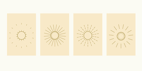 Sun pattern, 4 vector posters for printing, background. Modern minimal style.