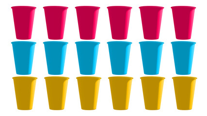 Seamless pattern of pink,blue and yellow disposable plastic  cups with white background. summer collection.3D illustration.