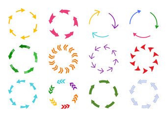 Circular arrows colorful colors, different thickness. loading and recycle symbol. Loop refresh reload and rotation sign set. Infographic design elements for app, business strategy statistics diagrams
