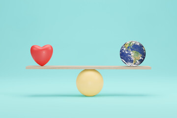 Earth globe vs heart on scales 3D illustration. Balance on scale of love the world. Elements of this image furnished by NASA
