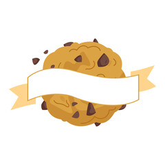 Oatmeal cookies with a ribbon for the text and the name of the cafe or bakery. Dessert with chocolate. Decorative flag with place for text in beige colors. Bakery icon, dessert cookie, vector isolate.