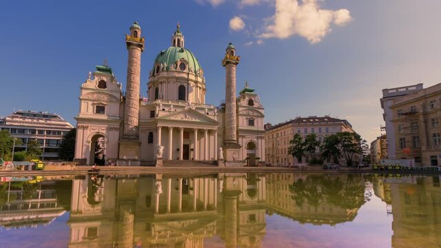 Karlskirche on the Karlsplatz square, Vienna Downtown - Austria Day with Clouds Timelapse