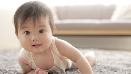 Fototapeta premium 床ではいはいをする赤ちゃん