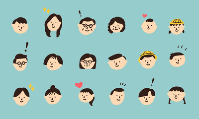 多様な家族を構成するための顔アイコン　祖父 祖母 父 母 子供 赤ちゃん