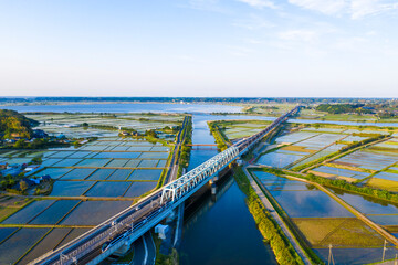 田植え時期の印旛沼を渡る成田空港線の京成スカイライナーを俯瞰撮影