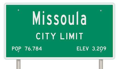 Rendering of a green Montana highway sign with city information