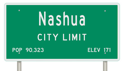 Rendering of a green New Hampshire highway sign with city information
