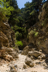 Fototapeta na wymiar A narrow gorge and dry riverbed in a hot climate (Imbros Gorge, Crete, Greece)