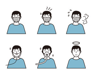 コロナに感染した男性の段階的表情イラストセット