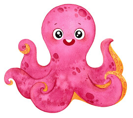 Cute octopus. An octopus drawn in watercolor. Pink tentacles, Fuchsia. Children's illustration. Suitable for decorating a children's room. Sticker.