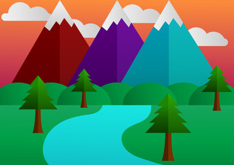 illustration of a natural landscape with mountains, rivers and trees