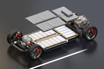 Explode view of electric vehicle chassis equipped with battery pack on the road. 3D rendering image. - obrazy, fototapety, plakaty