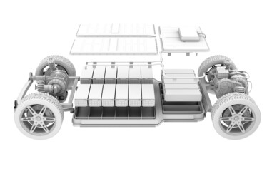 Explode view of electric vehicle chassis equipped with battery pack . 3D clay rendering image. - obrazy, fototapety, plakaty