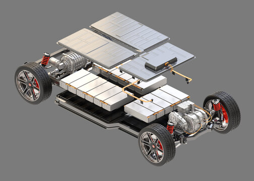 Explode View Of Electric Vehicle Chassis Equipped With Battery Pack On Gray Background. 3D Rendering Isometric View Image.