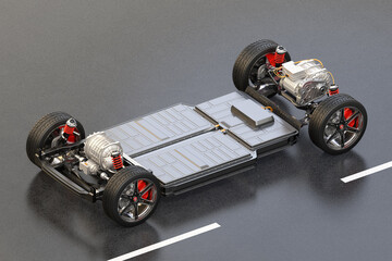 Electric vehicle chassis equipped with battery pack on the road background. 3D rendering image. - obrazy, fototapety, plakaty