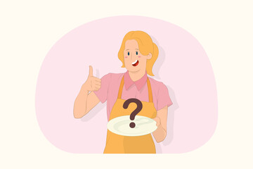 Young chef cook baker woman hold a white empty plate show thumb up gesture concept