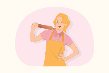 Young chef cook baker woman hold rolling pin concept