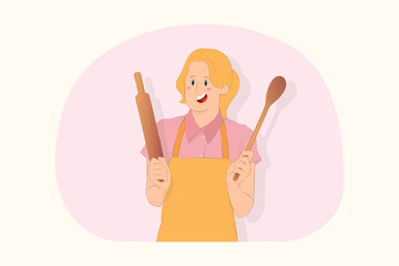 Young chef cook baker woman hold wooden spoon rolling pin concept