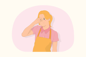 Young chef cook baker woman rub put hand on nose concept