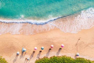 Fototapeta na wymiar Aerial drone top view crowd of happy people relax at tropical Beach with sunset in Phuket, Thailand, Beautiful Phuket beach is famous tourist destination at Andaman sea. Holiday summer concept