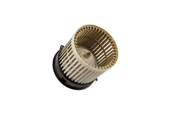 Fototapeta na wymiar Old air car blower motor isolated on white background. Old dirty air blower fan motor of car isolated. Save with clipping path