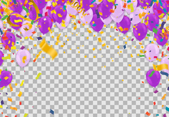 purple and pink balloons illustration confetti and ribbons flag Celebration background template typography for greeting card, festive poster etc