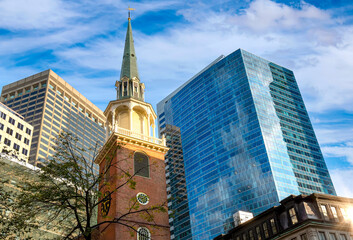Boston historic center streets near Freedom Trail and main attractions at a bright sunny day.