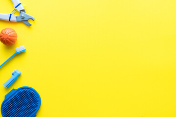 Top view of dog care and feeding accessories. Flat lay. Space for text.