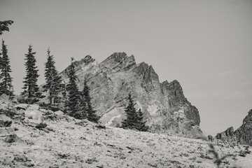 black and white photo of mountains in oregon