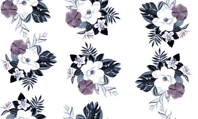 Blue Seamless Plant. Navy Pattern Palm. Gray Tropical Texture. White Floral Exotic. Indigo Flora Plant. Cobalt Watercolor Textile. Decoration Vintage.