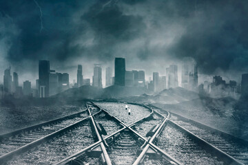 Empty railroads with gloomy cityscape background