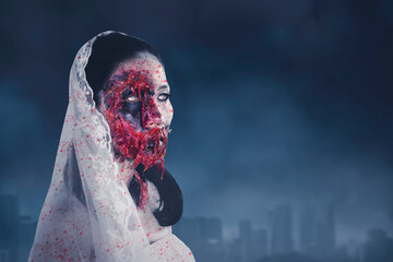 Scary bride ghost stand with misty city background