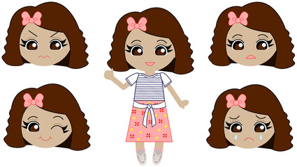 Girl wearing a dress and a cute hair clip. Set of 5 different emotions. Includes happy, sad, surprised, wink and upset facial expressions.