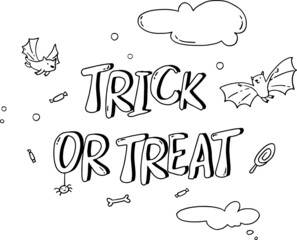 Coloring page of the text Trick or treat. Halloween concept on white background with sweets, bats and spider.