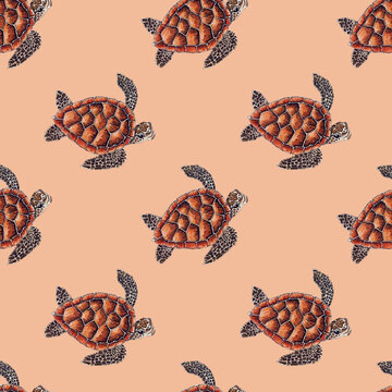 Turtles seamless pattern on light brown background