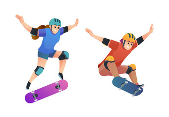Fototapeta na wymiar Set of happy young boy and girl skateboarding in jumping pose illustration