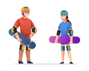Young boy and girl skateboarder character set