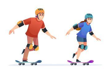 Set of young boy and girl skateboarding cartoon illustration