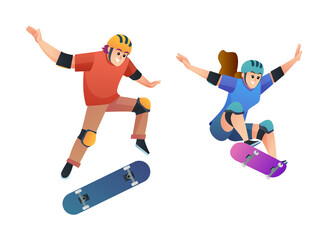 Fototapeta na wymiar Set of young boy and girl skateboarding in jumping pose illustration