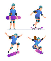 Fototapeta na wymiar Set of young girl playing skateboard in various poses illustration