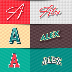 ,Male name,Alex in various Retro graphic design elements, set of vector Retro Typography graphic design illustration - obrazy, fototapety, plakaty